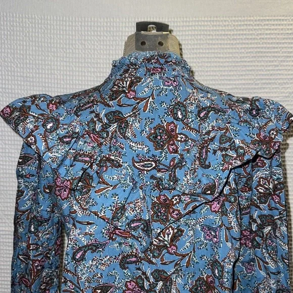 LOFT Blue Paisley Ruffle Yoke Blouse Size Small Button Front - Picture 8 of 12